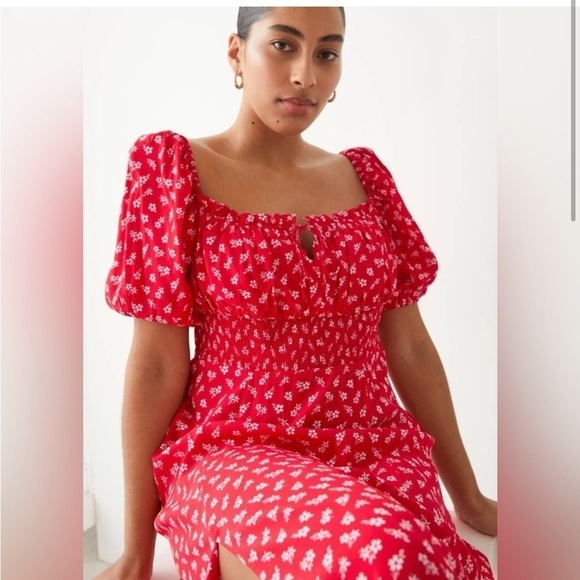 & Other Stories Red Floral Puff Sleeve Milkmaid Maxi Dress Cottagecore Coquette - Picture 10 of 15